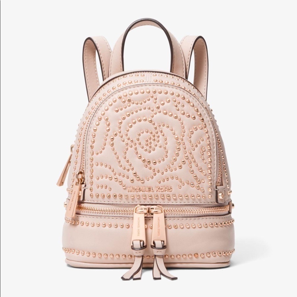 Michael Kors Rhea Mini Zip Studded Convertible Backpack bag pink rose gold